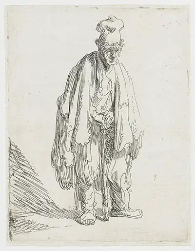 Bettler in einer hohen Kappe, stehend und auf einem Stock gelehnt Rembrandt